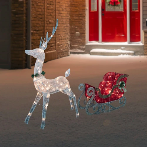 Northlight 51" Lighted White Reindeer With Sleigh Christmas Decoration 2 Northlight 51" Lighted White Reindeer With Sleigh Christmas Decoration - Image 2