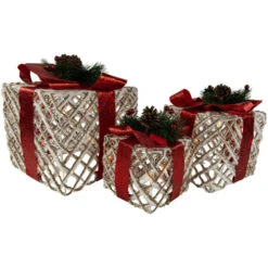 Northlight Set Of 3 Lighted White Rope Gift Box Christmas Decorations 9.75"