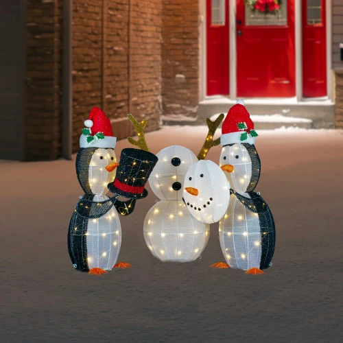 LED Lighted Penguins Building Snowman Outdoor Christmas Decoration - 35" - Set Of 3 2 LED Lighted Penguins Building Snowman Outdoor Christmas Decoration - 35" - Set Of 3 - Image 2