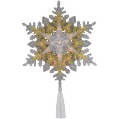 Northlight 13.75" Lighted Gold And Silver Snowflake Christmas Tree Topper, Clear Lights