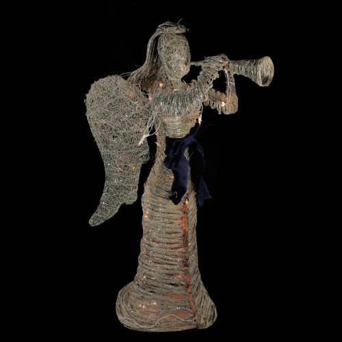 4.25' Lighted Silver And Beige Glitter Dusted Angel With Horn Outdoor Christmas Yard Art Decor 2 4.25' Lighted Silver And Beige Glitter Dusted Angel With Horn Outdoor Christmas Yard Art Decor - Image 2