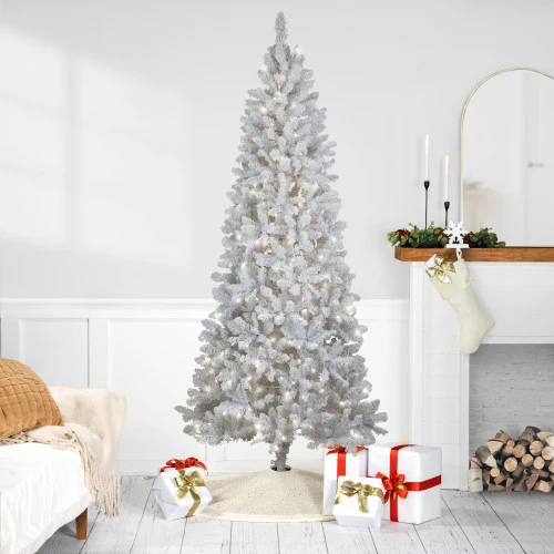 Northlight Pre-Lit Slim Flocked White Pine Artificial Christmas Tree - 7.5' - Warm White LED Lights 1 Northlight Pre-Lit Slim Flocked White Pine Artificial Christmas Tree - 7.5' - Warm White LED Lights
