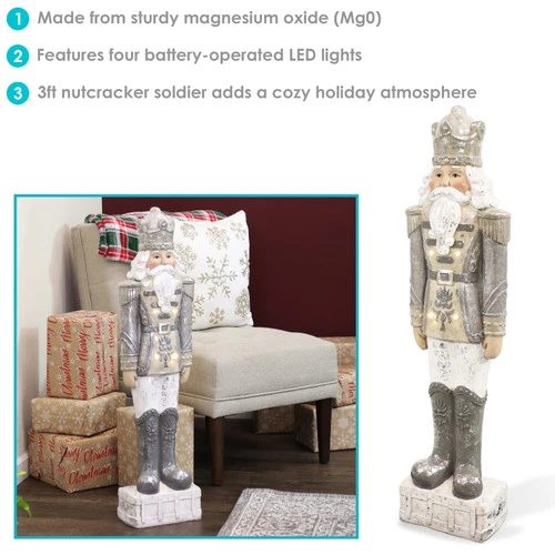 Sunnydaze Alexei The Defender Indoor Nutcracker Statue With LED Lights - Christmas/Holiday Decor - Silver - 36" 4 Sunnydaze Alexei The Defender Indoor Nutcracker Statue With LED Lights - Christmas/Holiday Decor - Silver - 36" - Image 4